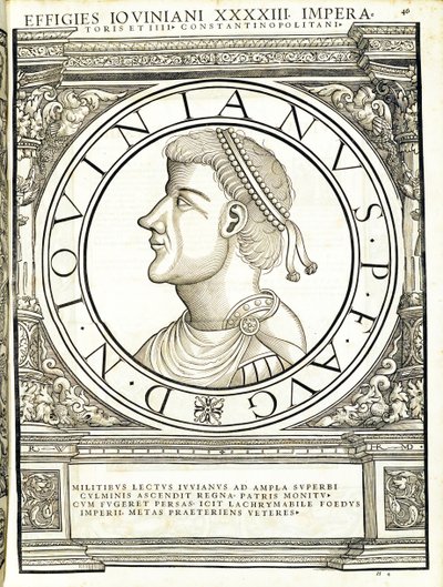 Iouinianus, illustration from Imperatorum Romanorum Omnium Orientalium et Occidentalium Verissimae Imagines ex Antiquis Numismatis by Hans Rudolf Manuel Deutsch